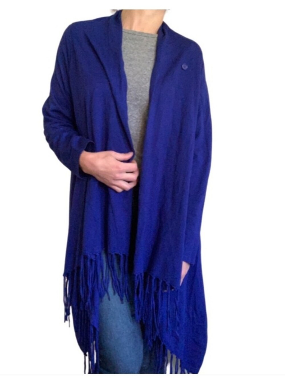 Chelsea & Theodore Women’s Royal Blue Open-Front Fringe Cardigan Medium Casual